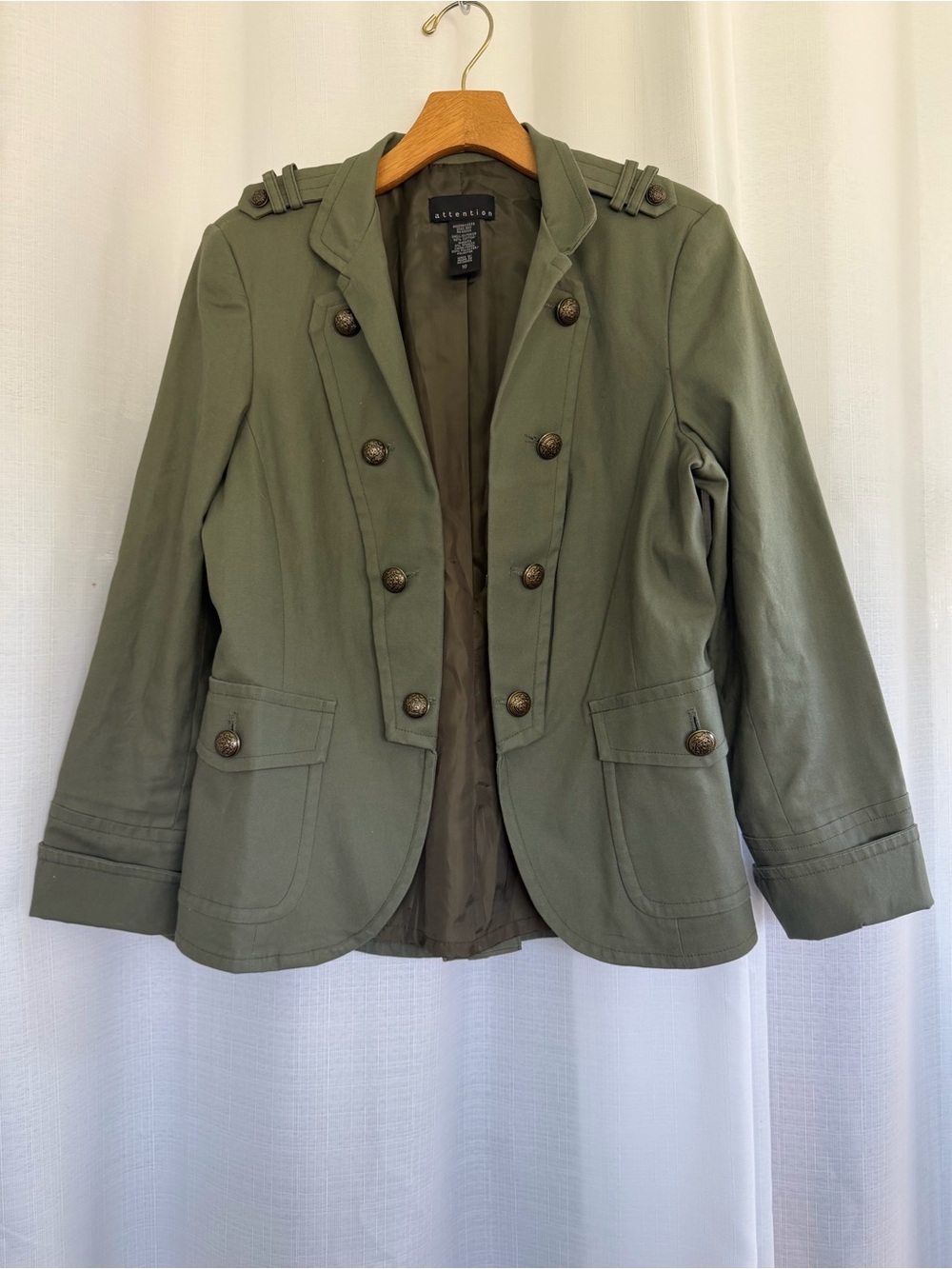 Attention Olive Green Military Blazer Jacket Size 10 Brass Buttons Utility